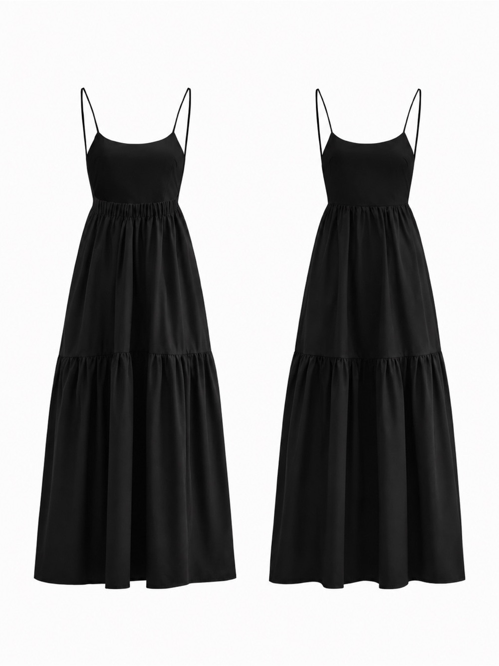 Commense Black Spaghetti-Strap Tiered Maxi Dress
